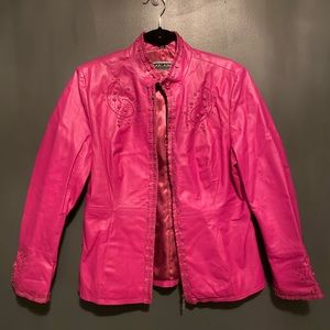 Pink lace detail leather jacket